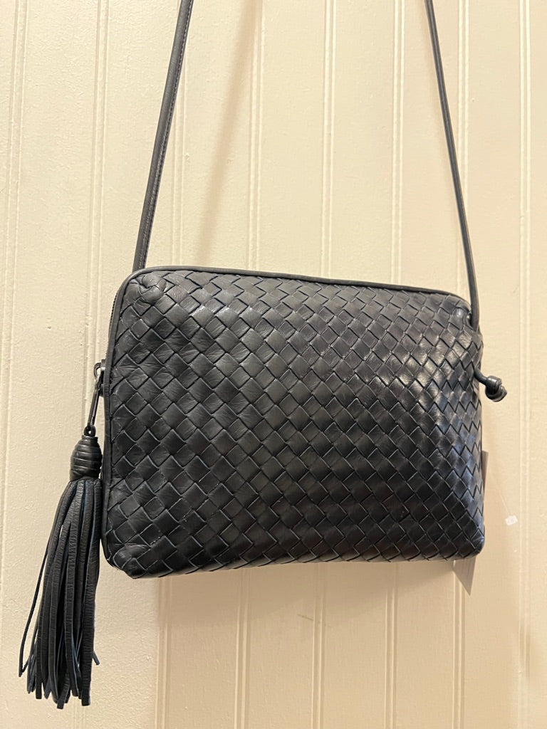 Black Lisette Leather woven x-body bag